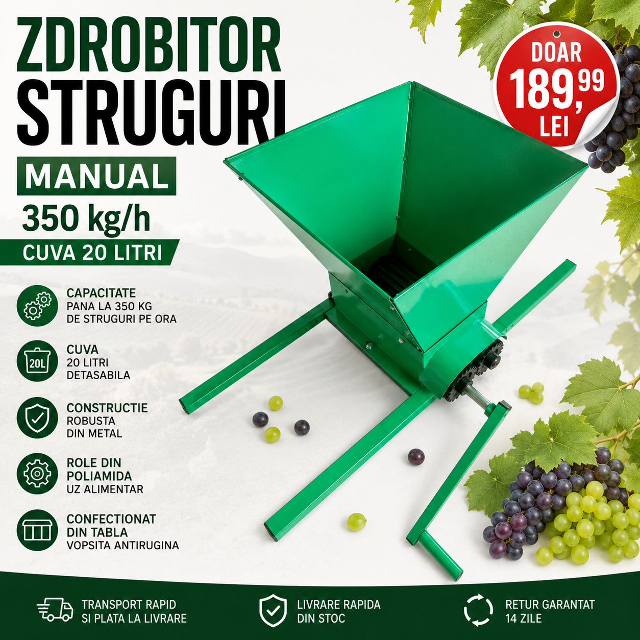 Zdrobitor Struguri Manual 350 kg/h, cuva 20 litri detasabila