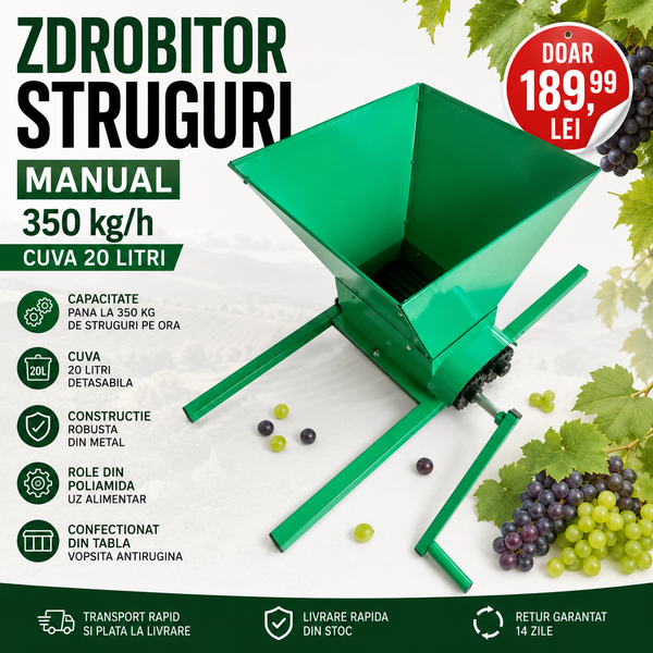 Zdrobitor Struguri Manual 350 kg/h, cuva 20 litri detasabila
