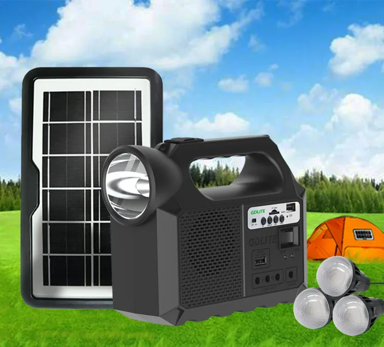 Kit solar portabil cu 3 becuri, panou solar si lanterna cu radio si incarcare telefon USB