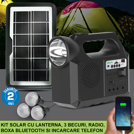 Kit solar portabil cu 3 becuri, panou solar si lanterna cu radio si incarcare telefon USB